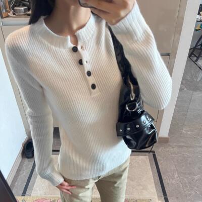 美式亨利领毛衣女秋冬白色可外穿内搭针织打底衫修身套头百搭上衣