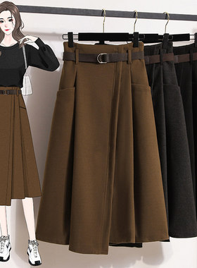 大尺码女装2025秋季高腰显瘦气质毛呢半身裙胖mm中长版黑色a字裙