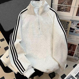 美式三条杠半拉链卫衣男2025秋冬加绒款重磅上衣立领外套夹克上衣