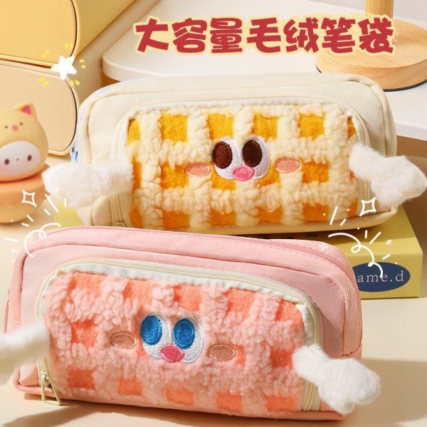 收纳袋韩卡通文具好物少女心可爱多笔袋格子毛绒软冬季系乎乎巴胺