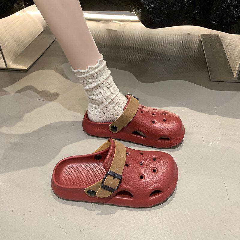 鞋时尚百搭松糕厚底踩屎感2居包头半拖20外5新款家穿皮带扣洞洞鞋