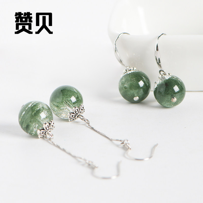 天然绿幽灵耳环女 925银聚宝盆千层山绿水晶耳坠气质简约