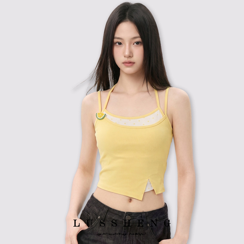 鹿笙笙夏日多巴胺假两件带胸垫吊带背心女纯欲修身可内搭外穿上衣