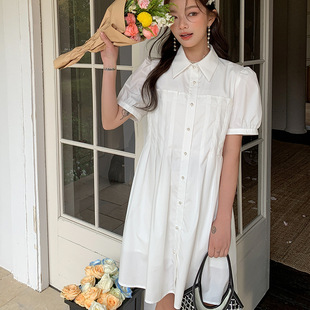 2024夏季 S1331温柔白色衬衫 连衣裙女长款 泡泡短袖 收腰衬衣裙子潮