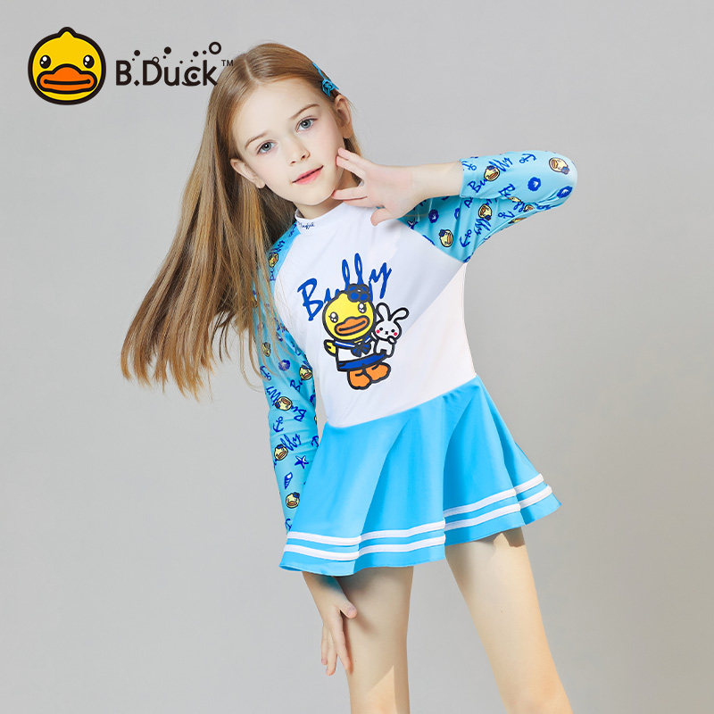 duck小黄鸭儿童游泳衣女童公主裙大中小童女孩宝宝长袖三角泳装