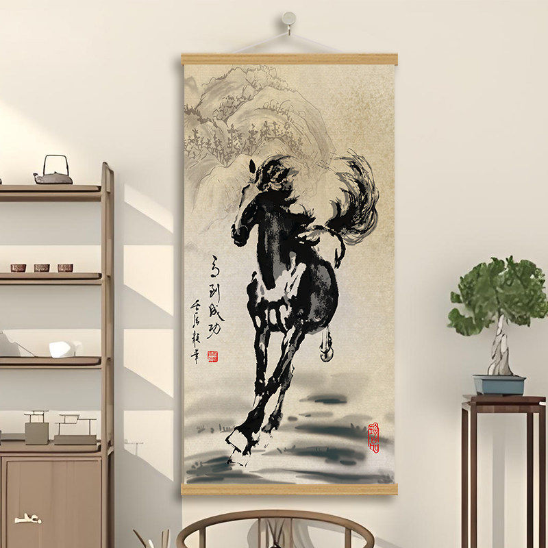 八骏雄风马中式国画山水画装饰画客厅书房挂画复古风挂画壁画海报