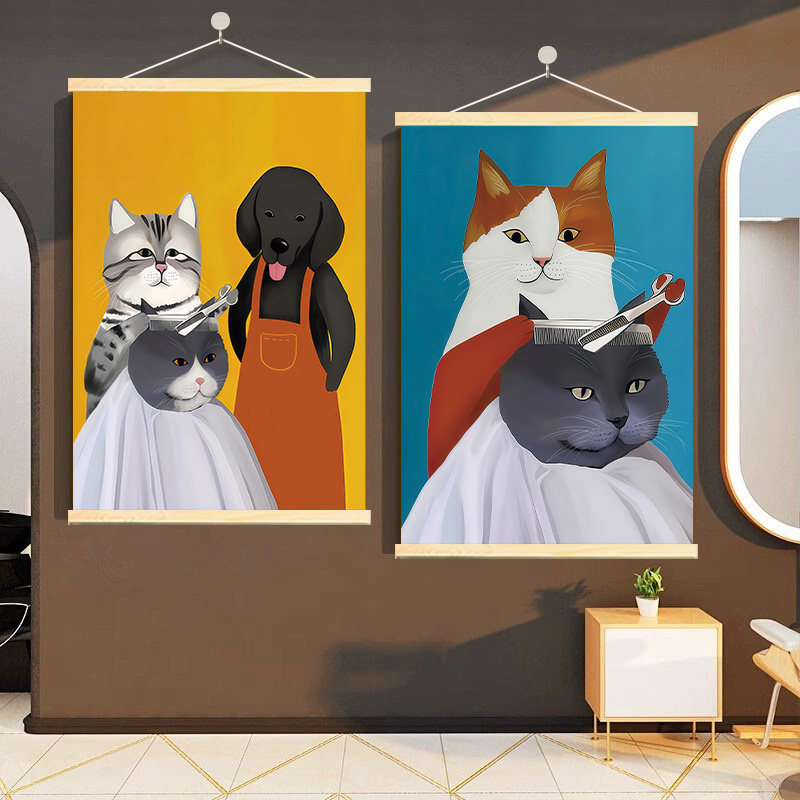理发店猫咪个性抽象挂画猫咪狗狗装饰画宠物店背景墙壁画简约图片