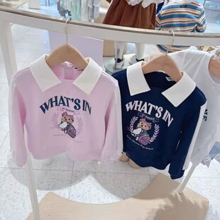秋款女童学院风撞色翻领卫衣女孩毛圈polo领套头衫卫衣