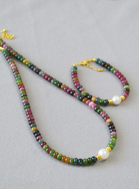 buscar淡水珍珠碧玺彩石串珠项链