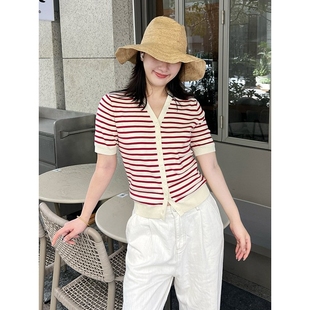 女通勤修身 纯棉短袖 针织衫 开衫 新款 山姆优选夏季 V领红白条纹薄款