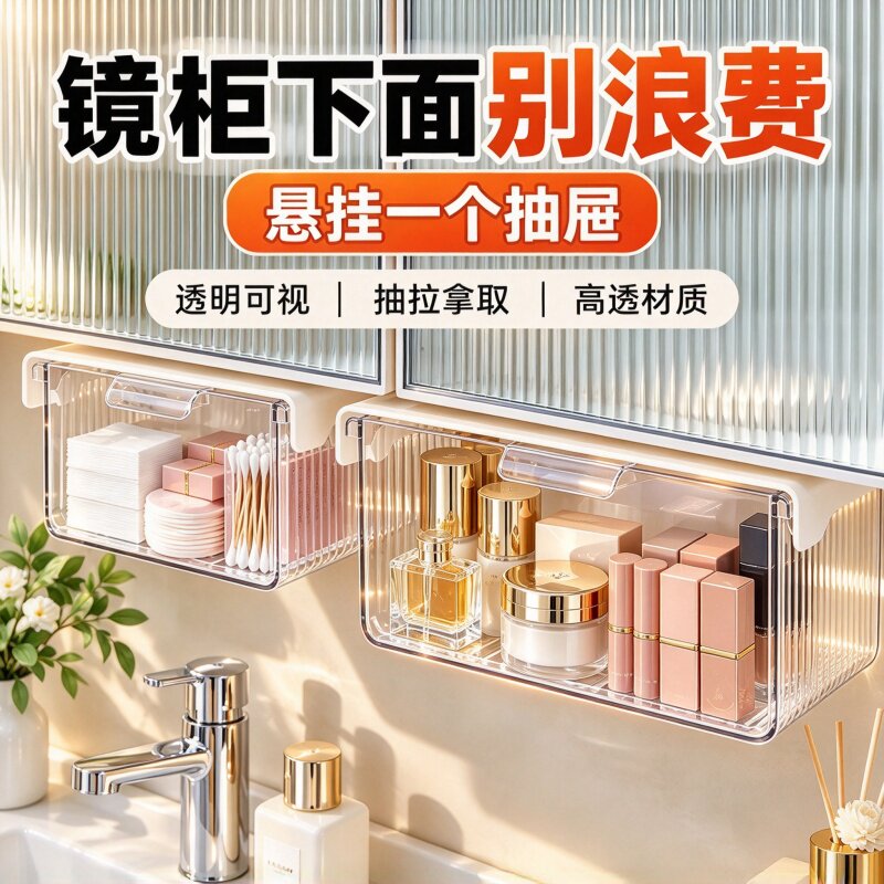 壁挂透明收纳盒悬挂式抽屉化妆品发圈分格置物架浴室床头储物盒子
