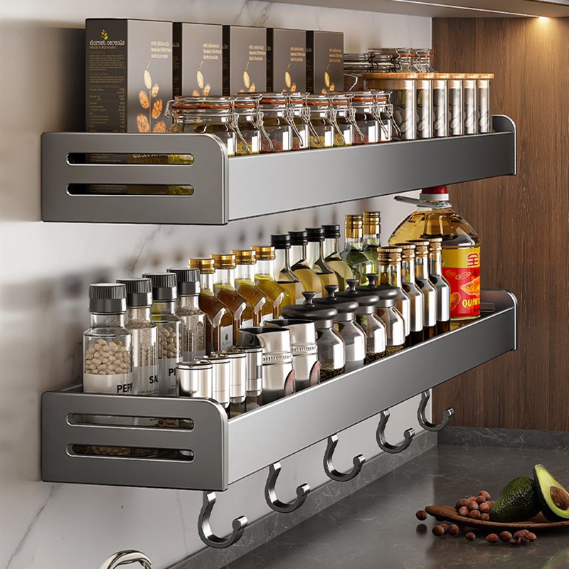 太空铝厨房置物架免打孔壁挂架调味架多功能家用大全收纳架调料架