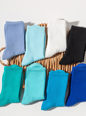 潇潇玲珑阁蓝色袜子女秋冬季纯棉克莱因蓝中筒袜无骨堆堆长袜防臭