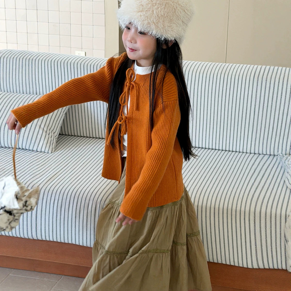 女童橘色系带针织开衫韩版宽松慵懒风毛衣秋季新款长袖外套