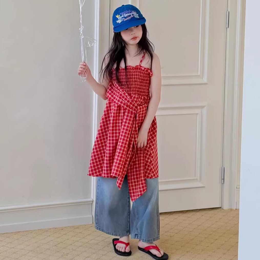女童连衣裙2026夏新款儿童韩系红色格子吊带连衣裙设计感叠穿裙子