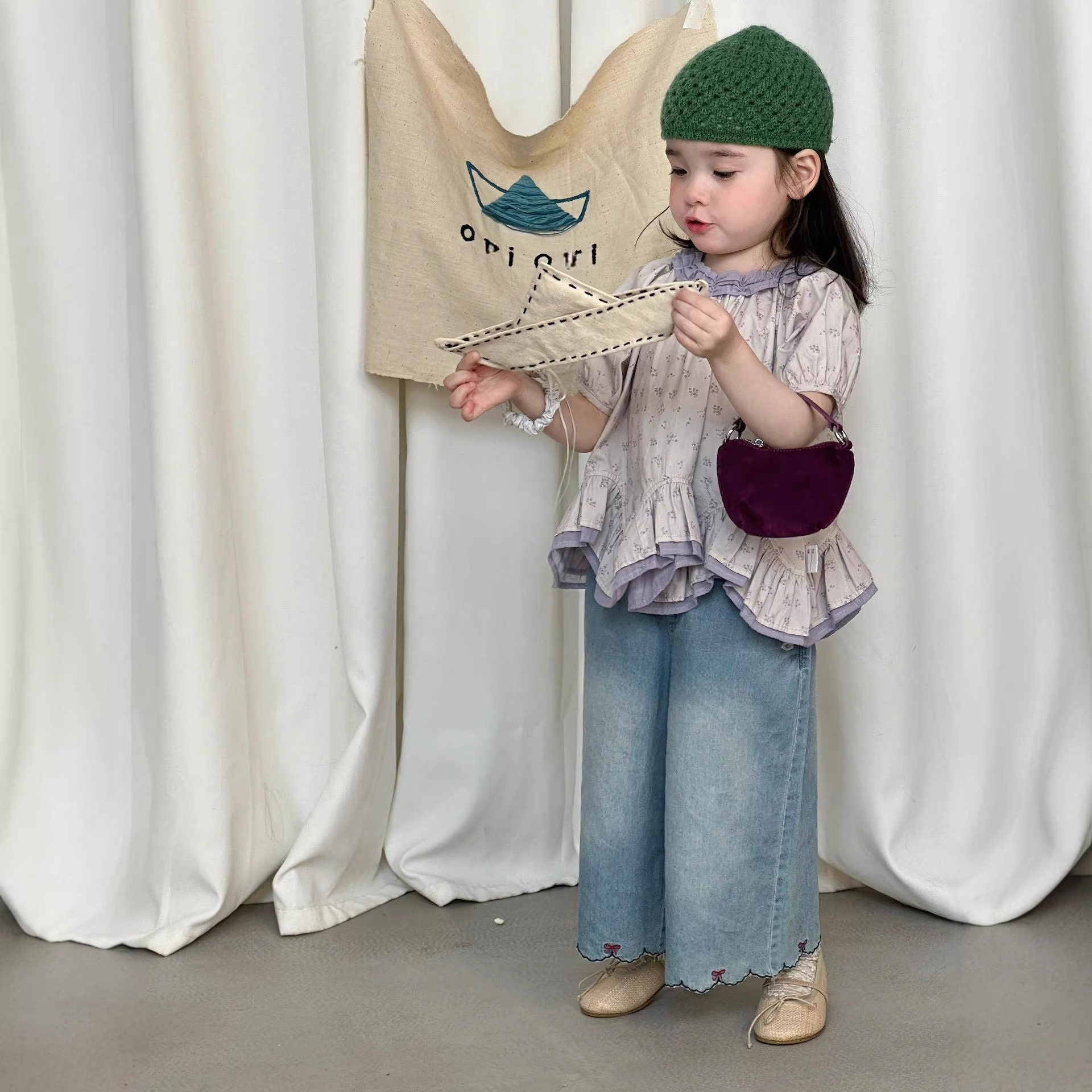 女童套装2026春夏季韩系甜美碎花小衫短袖宽松刺绣牛仔阔腿裤子