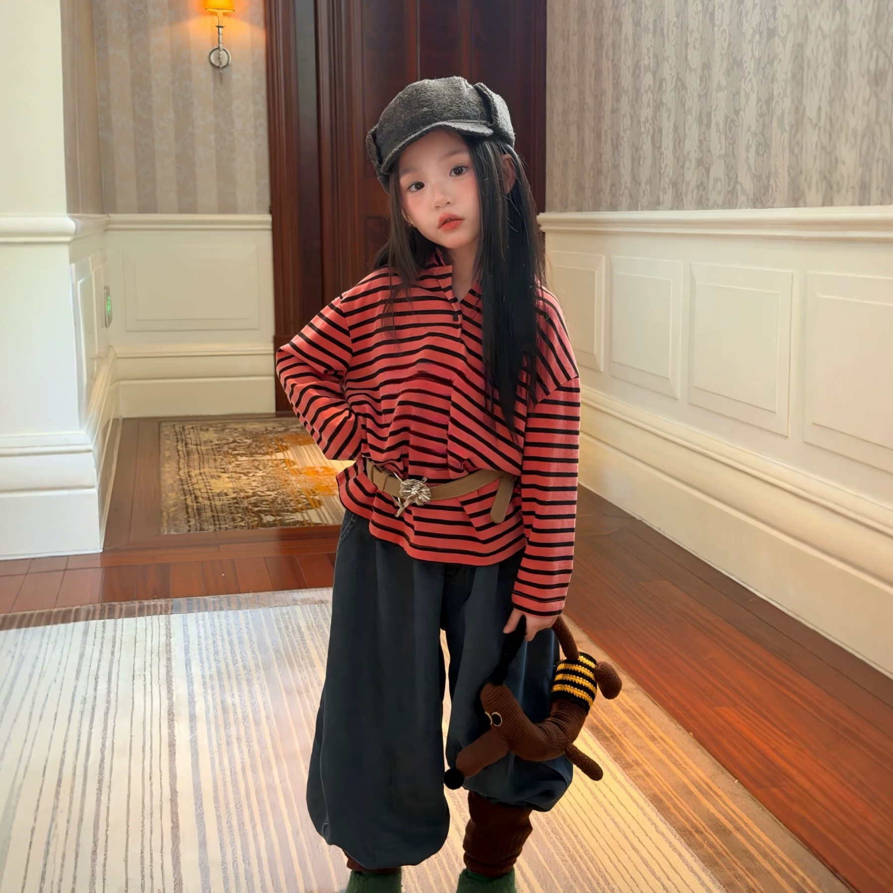 女童套装26秋季新款韩版条纹休闲百搭翻领polo衫中大童牛仔灯笼裤