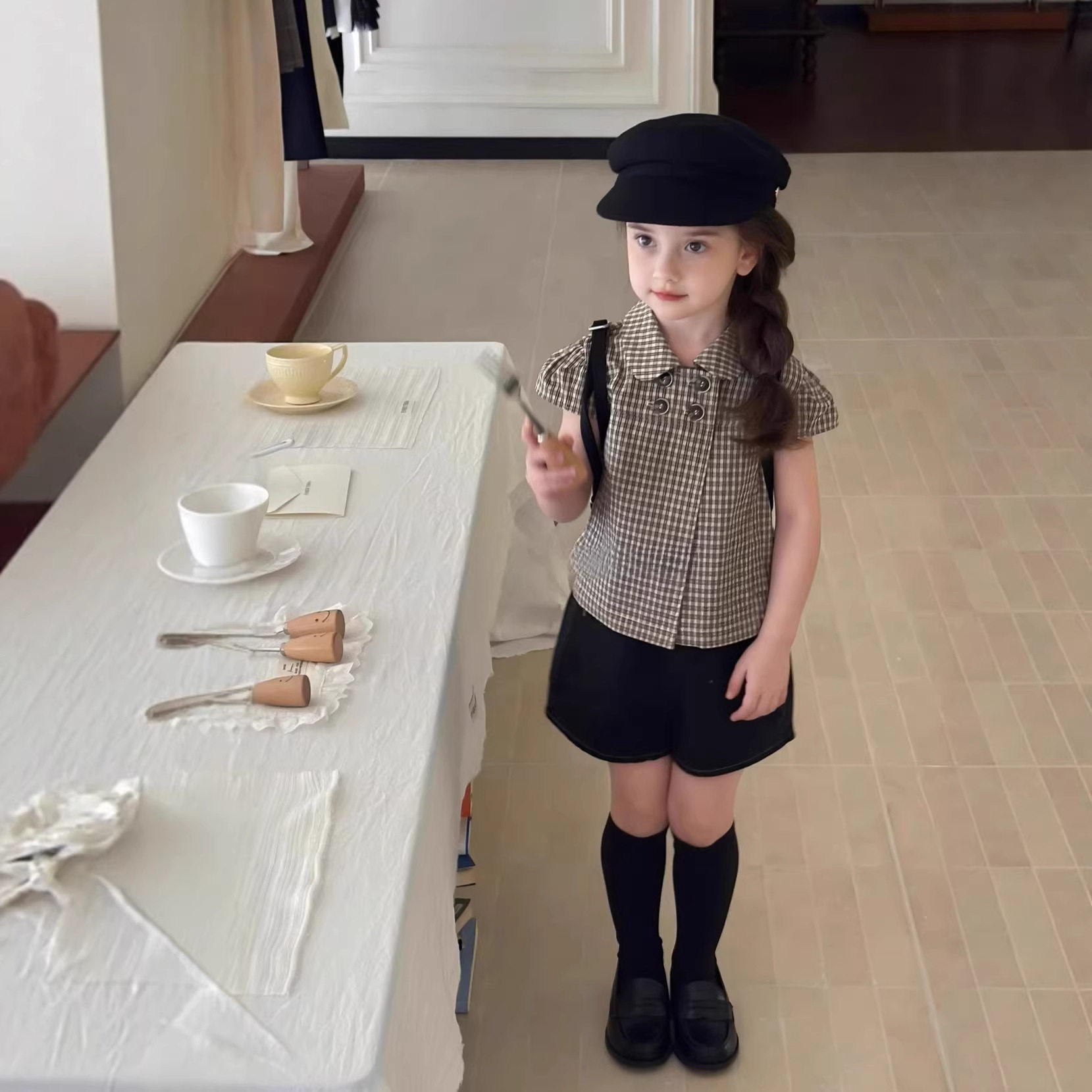 2026春夏季女童套装英伦风格子翻领衬衣短袖上衣简约黑色牛仔短裤