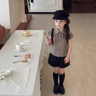 2026春夏季女童套装英伦风格子翻领衬衣短袖上衣简约黑色牛仔短裤
