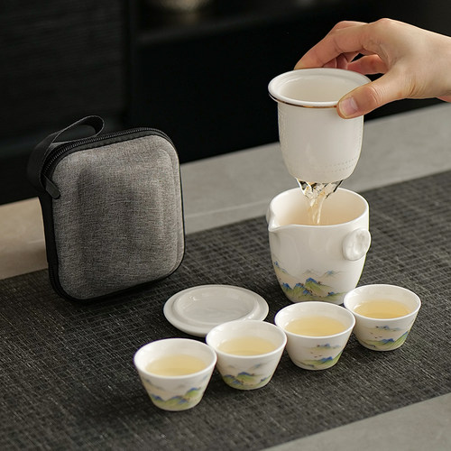 新款羊脂玉瓷旅行茶具套装