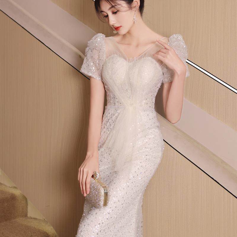 鱼尾晚礼服裙女2024新款高级感高端轻奢小众成人婚纱法式主持敬酒