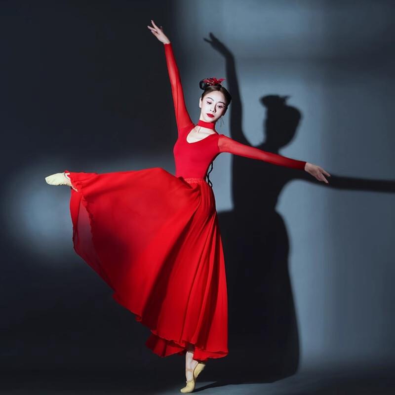 灯火里的中国舞蹈服现代舞飘逸红色大摆裙万疆开场舞女如愿演出服