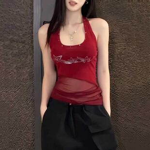 辣妹y2k亚比爵士舞挂脖背心女修身小众jazz跳舞kpop红色网纱上衣