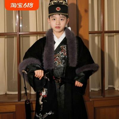 汉服儿童外套刺绣斗篷仿狐狸毛领白龙加绒披风冬季裘衣半袖披斗篷