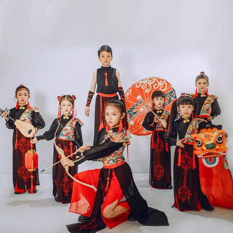 元旦国潮女童走秀复古爵士舞嘻哈古典舞合唱服男童中国风演出服装