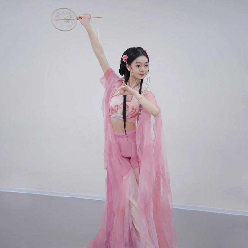 新款古典舞仙气逸练功服舞蹈粉色绣服花外披大摆飘hokaoo\/套装女