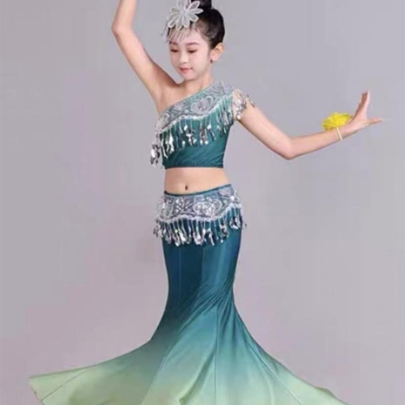 竹林深处舞蹈服雨竹林儿童傣族舞表演出服民族舞孔雀舞鱼尾渐层裙