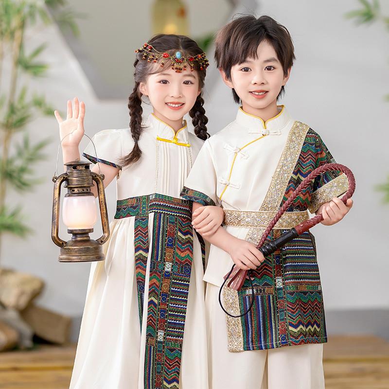 儿童汉服夏装2025新款男童国风傣族风套装女童夏季民族风洋派套装