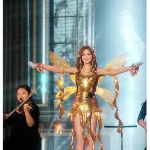 明星同款 女团演出服夜店DJ女歌手领舞服小精灵金色亮片吊带海带裙