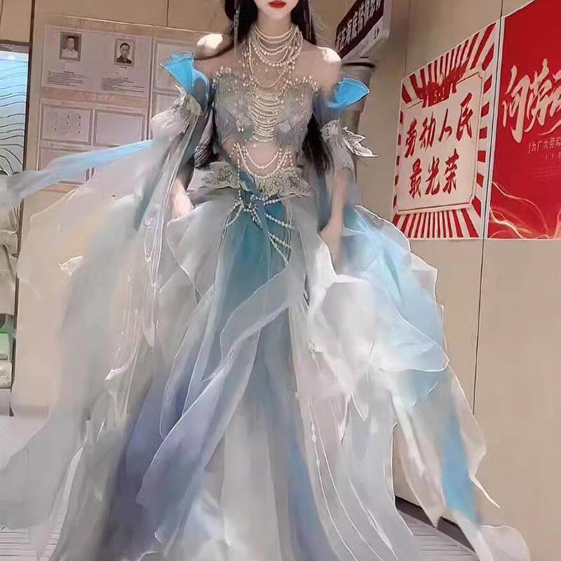 异域系列人鱼姬公主渐层齐胸神话刺绣汉服套装裙超仙羽袖爆款重工