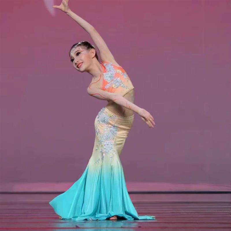 傣族舞蹈服装演出服儿童女女童艺考练习裙修身练功裙表演服鱼尾裙