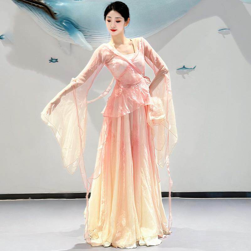 流水桃花古典舞服装超仙大袖衫粉色春颂舞蹈纱衣套装春颂中国舞服
