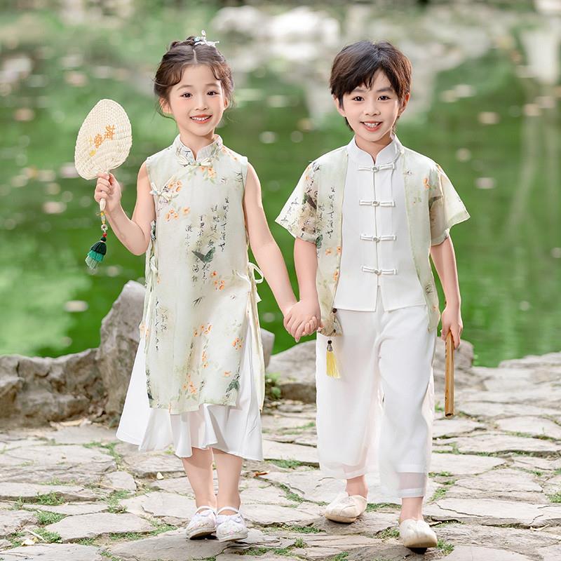 幼儿园新中式国风唐装表演服男女童汉服古装毕业朗诵六一节演出服