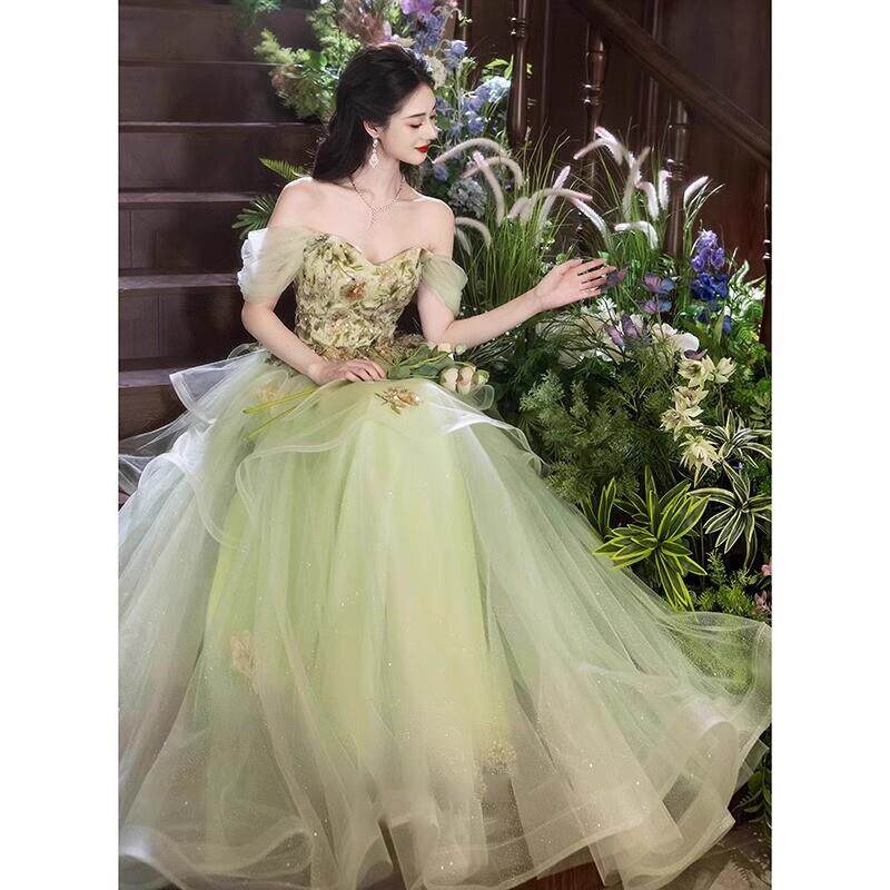 森系晚礼服轻奢小众高端学生艺考成人礼生日宴会一字肩年会主持人