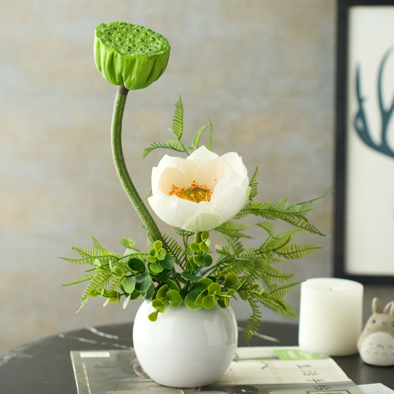 新中式仿真花假绿植荷花摆件