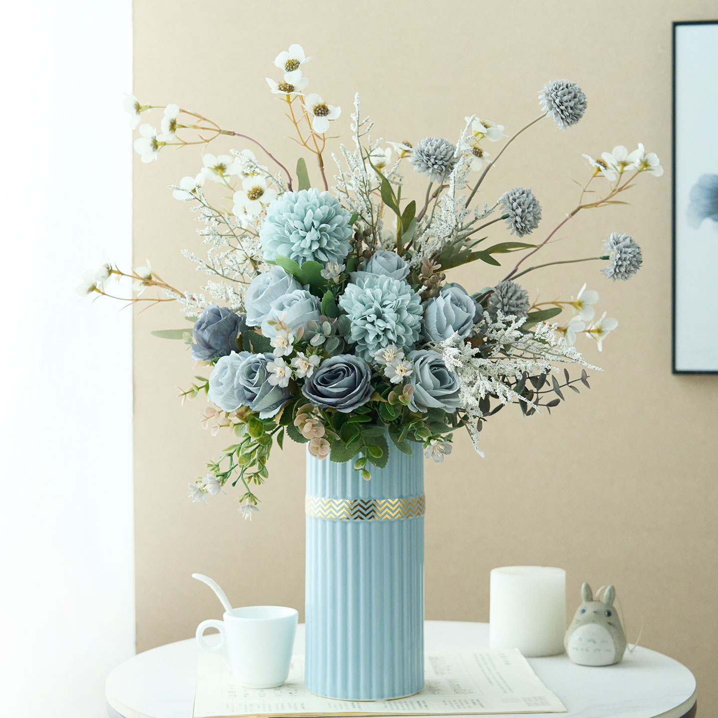 雾蓝色北欧风高级仿真花花束摆件