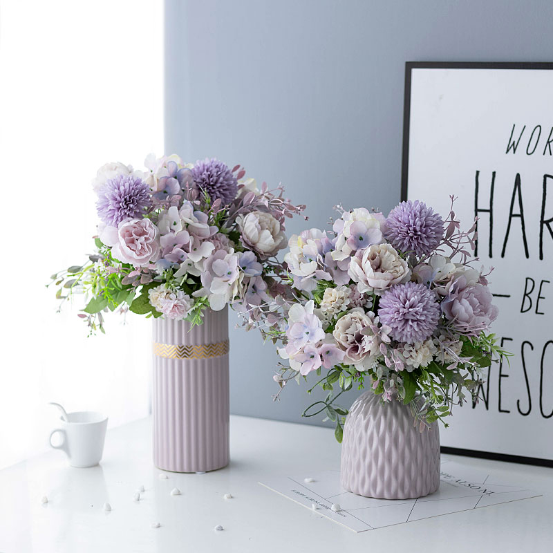 北欧优雅紫仿真绢花艺客厅装饰桌面摆件花束花艺餐桌粉色陶瓷花瓶