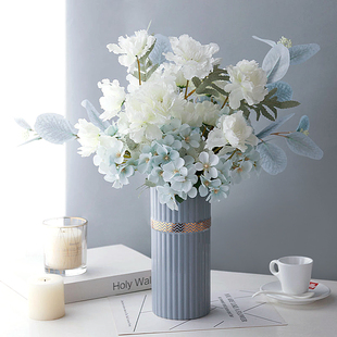 莫兰迪蓝仙森女气系日韩轻奢高档婚庆仿真绢布牡丹叶花艺卉瓶套装