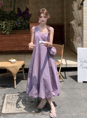 紫色无袖背心连衣裙女夏2025新款别致独特减龄巨好看显瘦花苞长裙