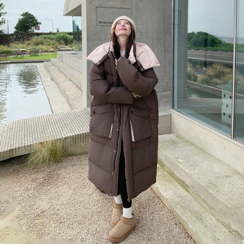 韩版宽松长款连帽白鹅绒羽绒服女