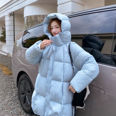 蓝色连帽90白鸭绒羽绒服女冬季
