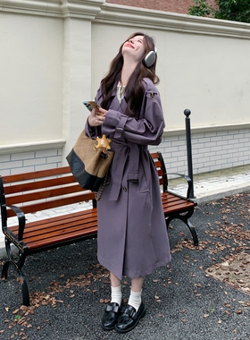 紫色巨好看高级感风衣外套女2025秋季新款英伦风小个子中长款大衣