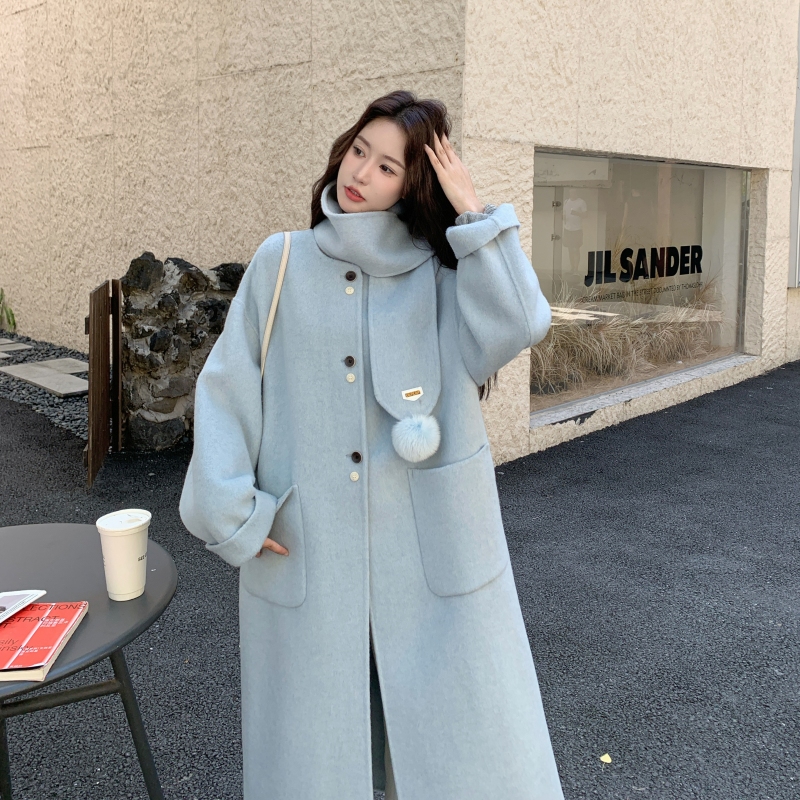蓝色高级感双面羊绒大衣女冬加长