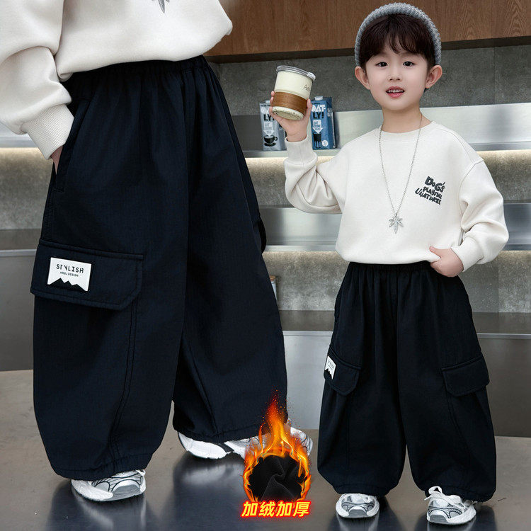 男童裤子加绒儿童卫裤秋冬款2025新款男孩条绒长裤宝宝童装运动裤