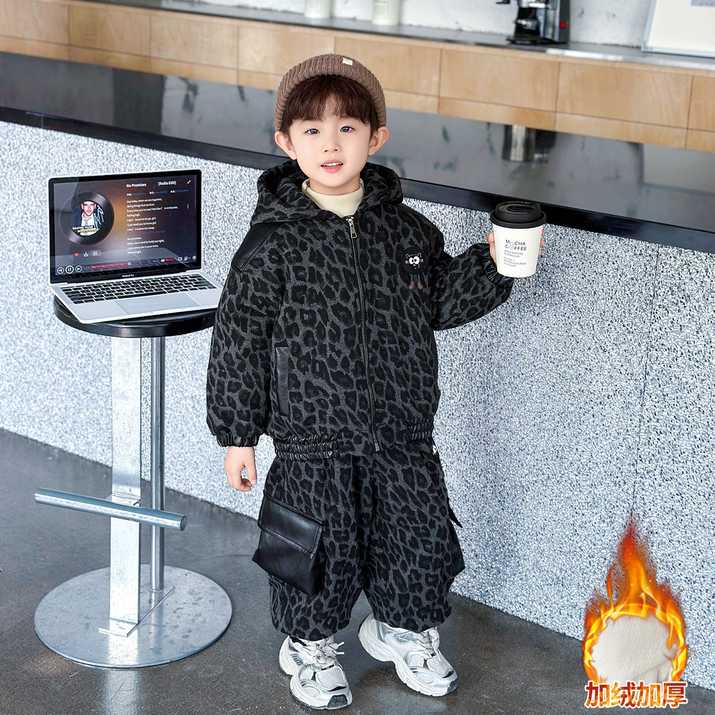 男童冬装韩版豹纹加绒套装2025