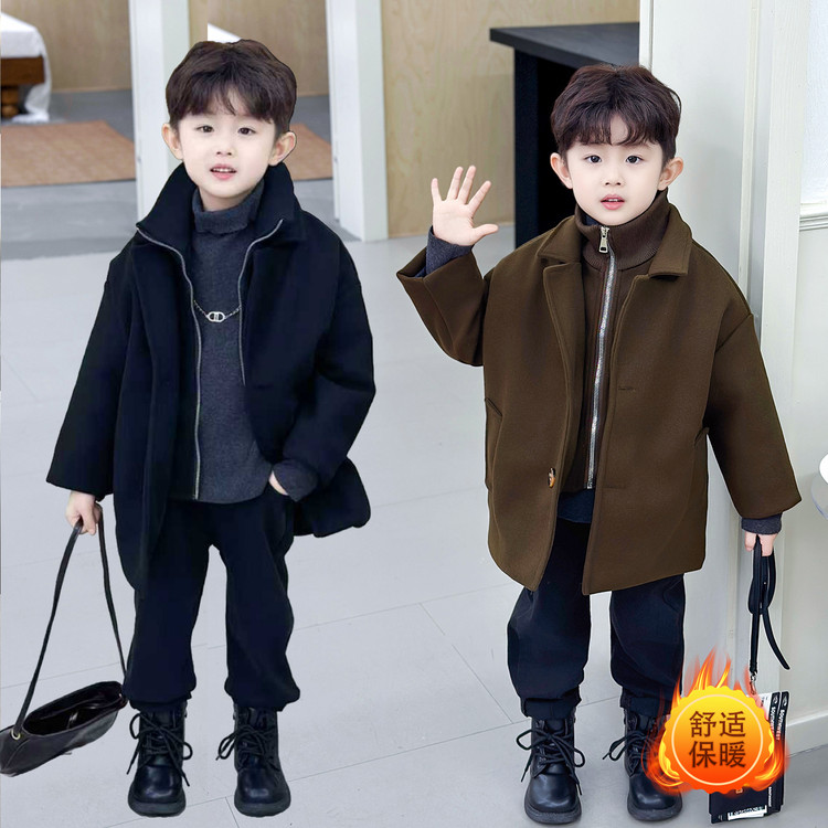 男童毛呢大衣外套秋冬款2025新款夹棉中长款加厚大儿童男孩冬季潮